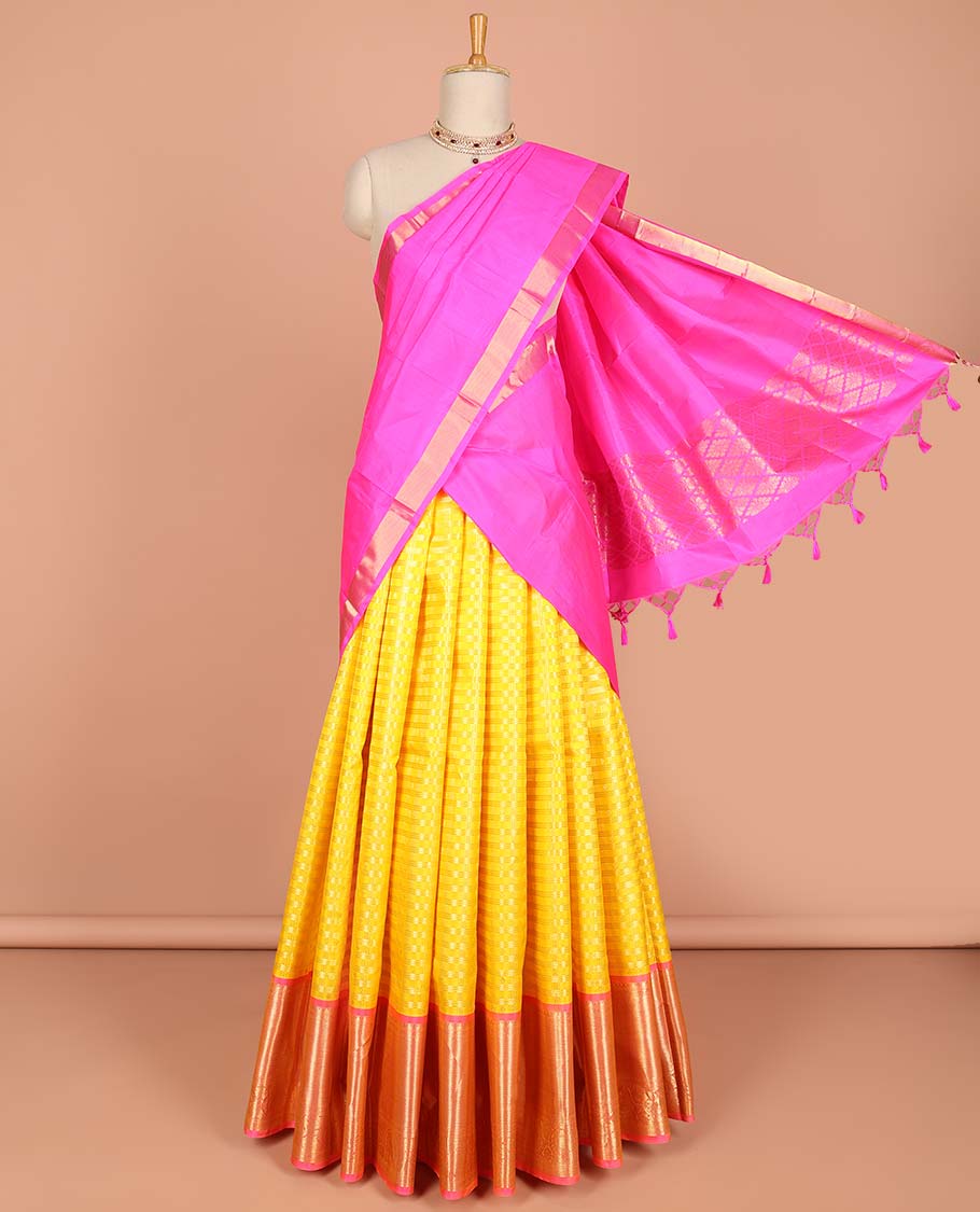 Yellow checked pure silk half saree with contrast zari design border, zari design blouse & floral zari design dhavani