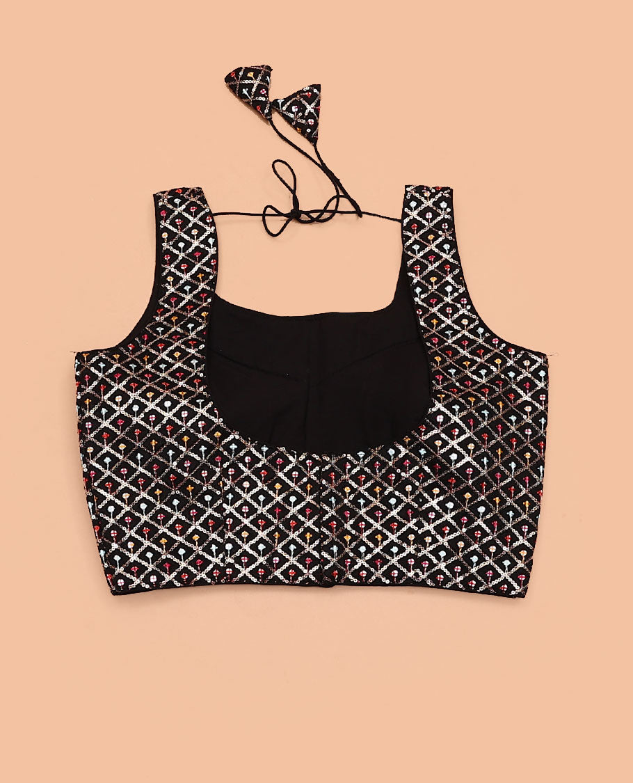 Black sequins jaal design embroidered deep boat neck sleeveless blouse