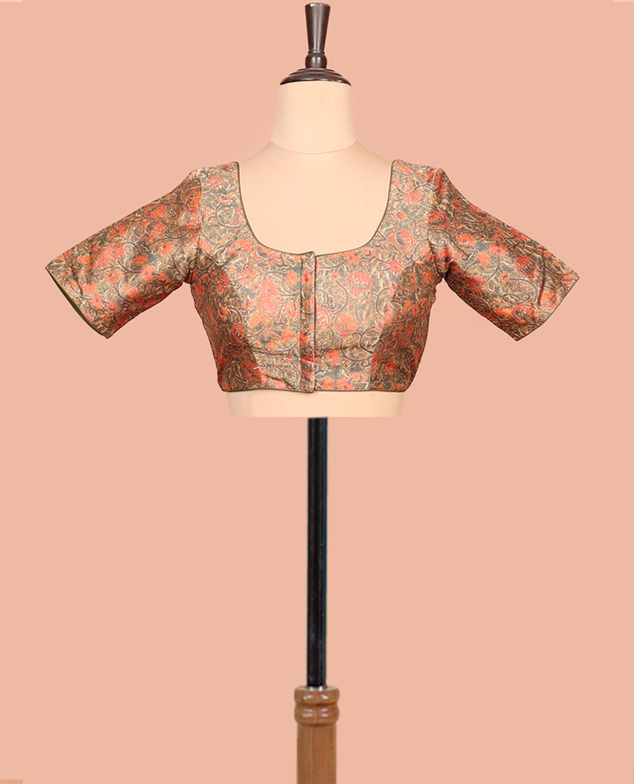 Green Readymade Blouse Featuring Floral Vine Digital Print, a Front Round-Neck, Back Round-Neck, and Elbow Sleeves
