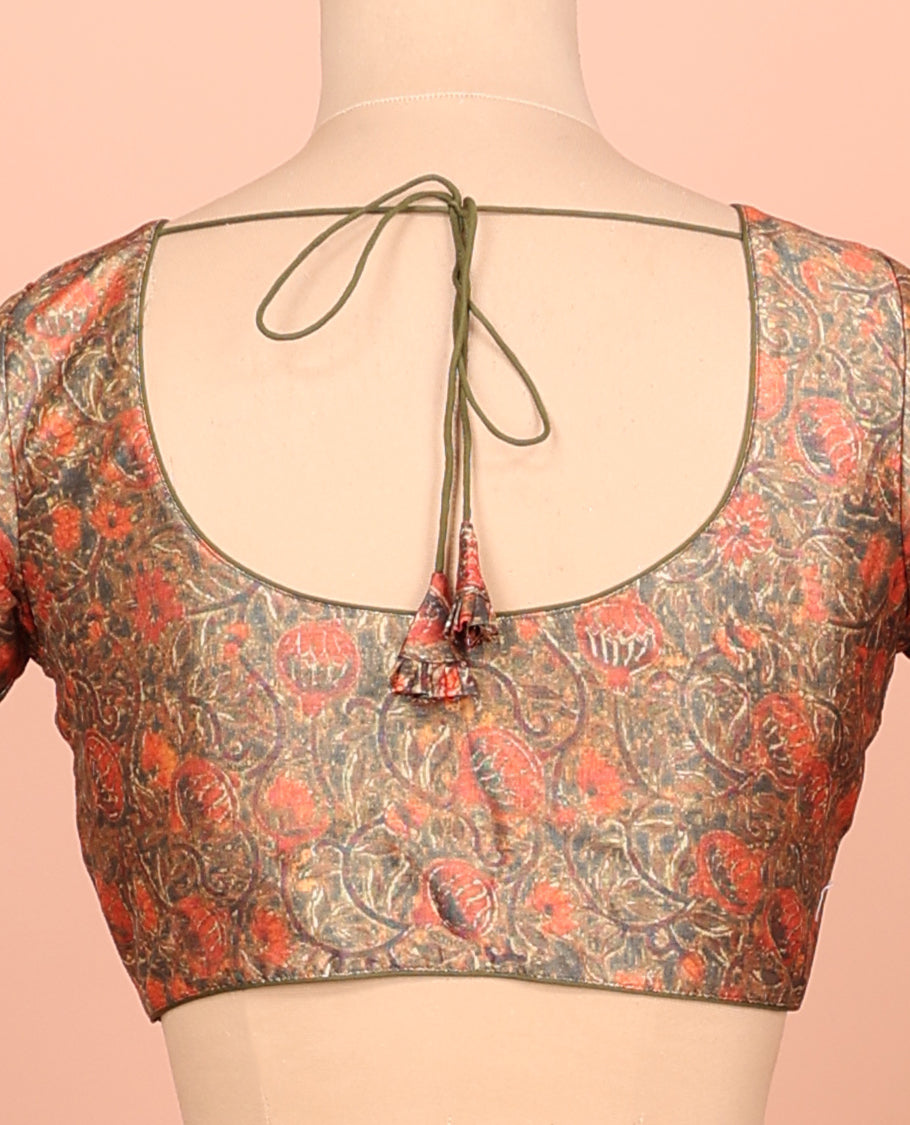 Green Readymade Blouse Featuring Floral Vine Digital Print, a Front Round-Neck, Back Round-Neck, and Elbow Sleeves