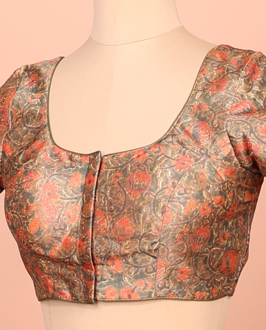 Green Readymade Blouse Featuring Floral Vine Digital Print, a Front Round-Neck, Back Round-Neck, and Elbow Sleeves