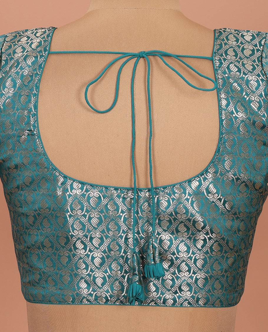Peacock blue paisleys-theme jacquard front-back round neck elbow-sleeve readymade blouse