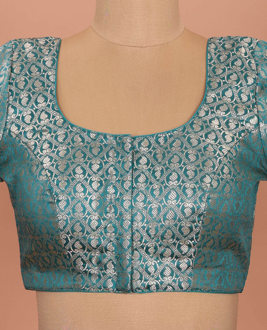 Peacock blue paisleys-theme jacquard front-back round neck elbow-sleeve readymade blouse