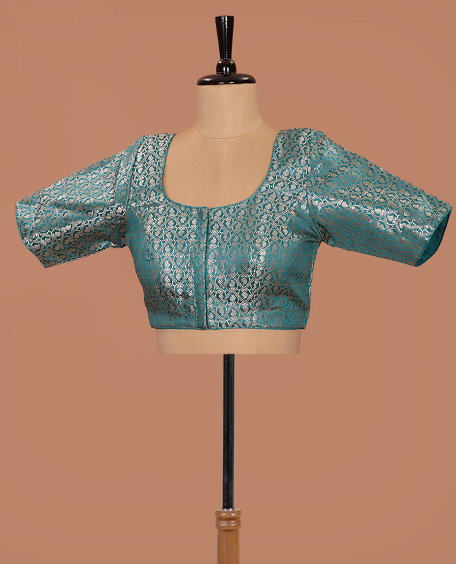Peacock blue paisleys-theme jacquard front-back round neck elbow-sleeve readymade blouse