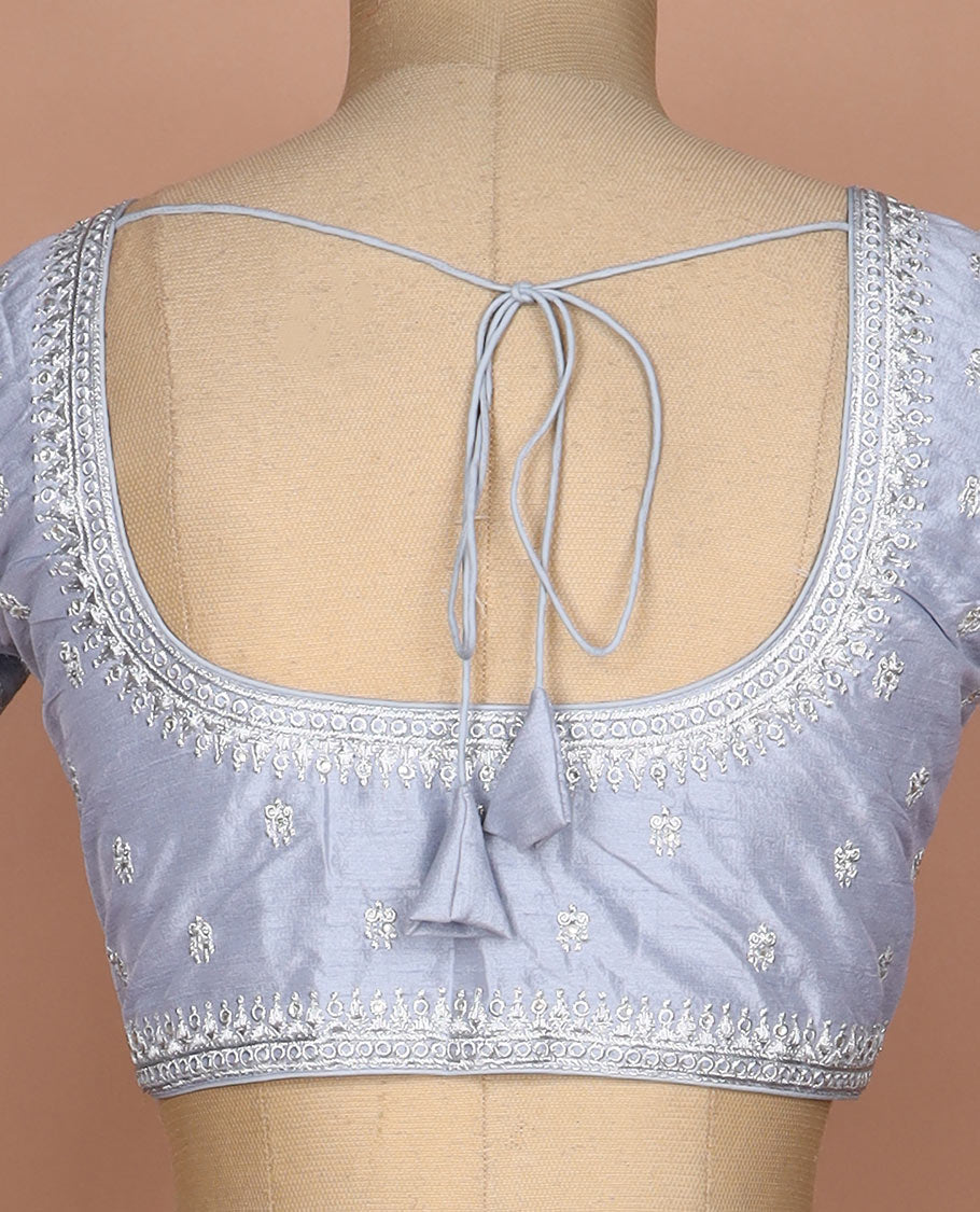 Grey floral thread embroidered round neck elbow sleeve raw silk readymade blouse