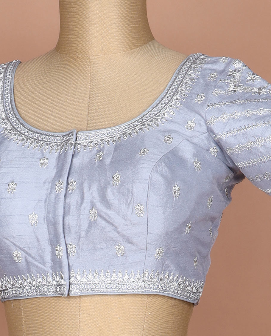 Grey floral thread embroidered round neck elbow sleeve raw silk readymade blouse