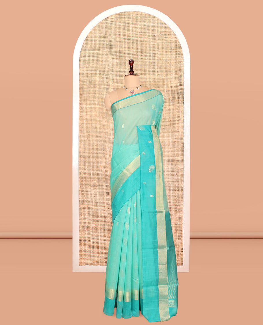 Turquoise Silk Cotton Saree, Subtly Sparkled with Zari Buttas, Complemented by a Contrast Zari Border, Grand Pallu, and a Contrast Blouse