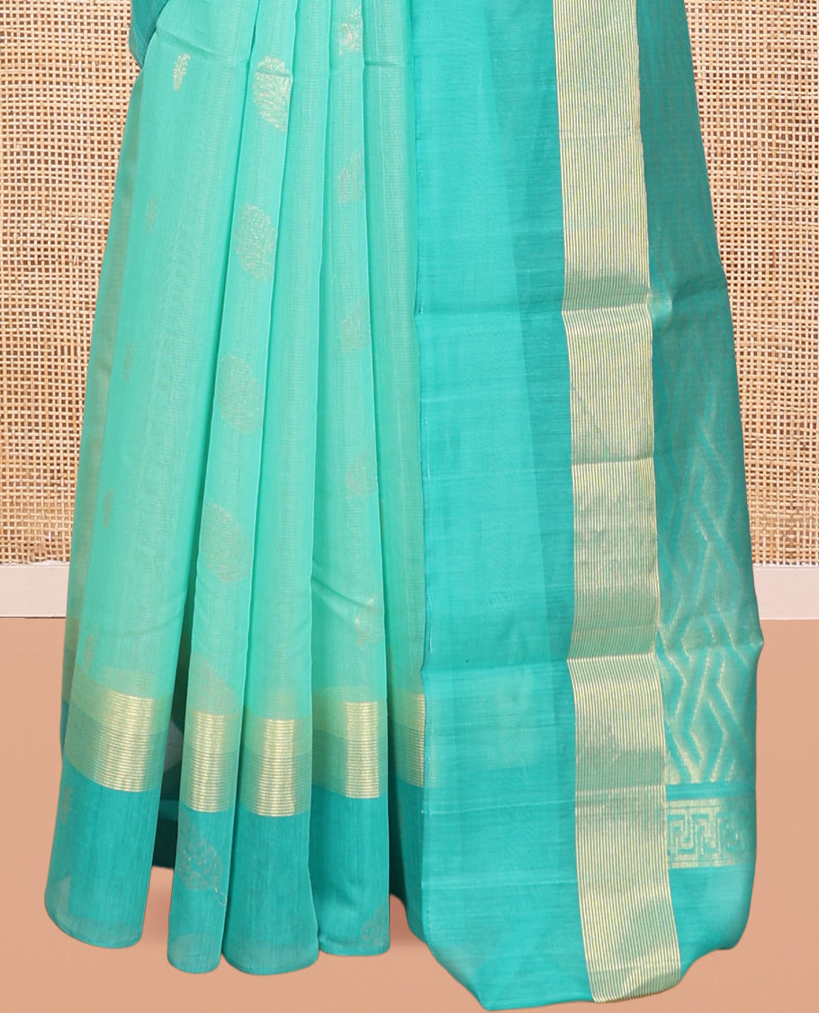 Turquoise Silk Cotton Saree, Subtly Sparkled with Zari Buttas, Complemented by a Contrast Zari Border, Grand Pallu, and a Contrast Blouse