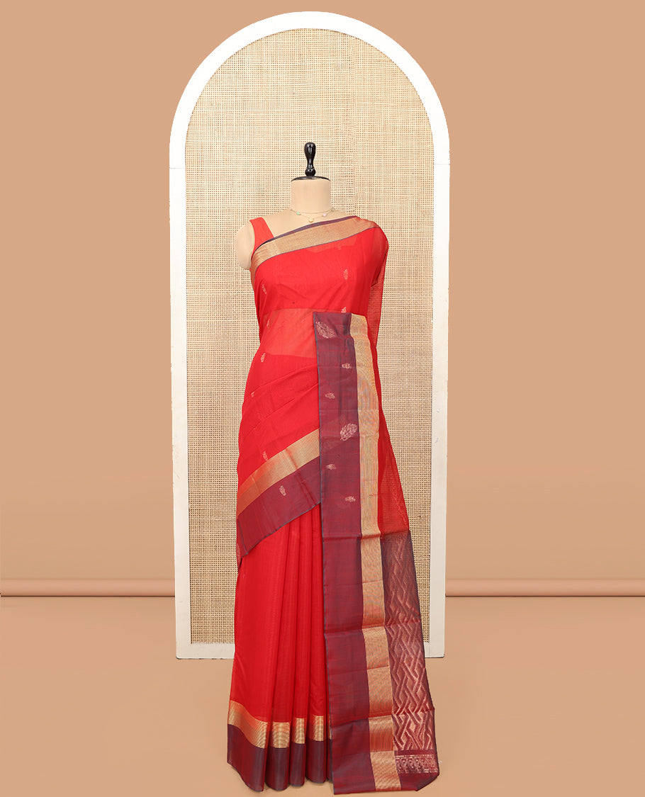 Red Silk Cotton Saree, Woven with Zari Buttas, a Contrast Zari Buttas Border, Intricate Pallu, and a Contrast Blouse