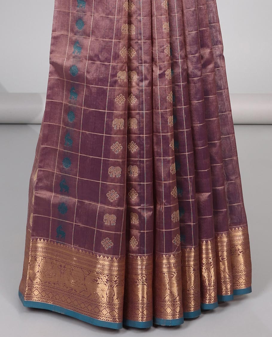 Mauve motifs enclosed with checked cotton silk saree with contrast striped border & zari floral design pallu