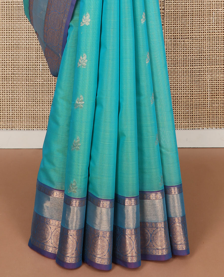 Sea green motifs silk cotton saree with contrast zari design border & ogee design pallu