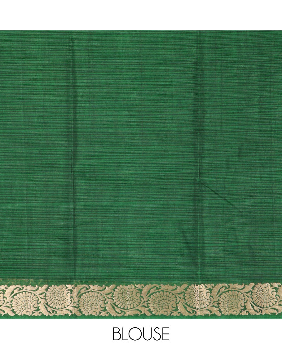Green Silk Cotton Saree Embellished with Buttas All Over the Body, Complemented by a Contrast Floral Creeper Zari Border, Featuring a Contrast Pallu of Floral Zari Designs, and Paired with a Contrast Blouse