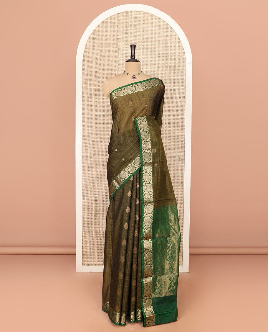 Green Silk Cotton Saree Embellished with Buttas All Over the Body, Complemented by a Contrast Floral Creeper Zari Border, Featuring a Contrast Pallu of Floral Zari Designs, and Paired with a Contrast Blouse