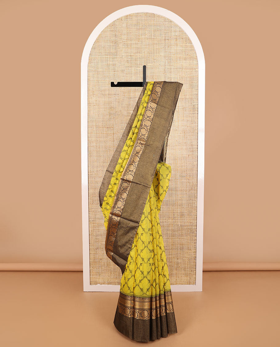 Yellow jaal design silk cotton saree with contrast zari design border & floral design pallu