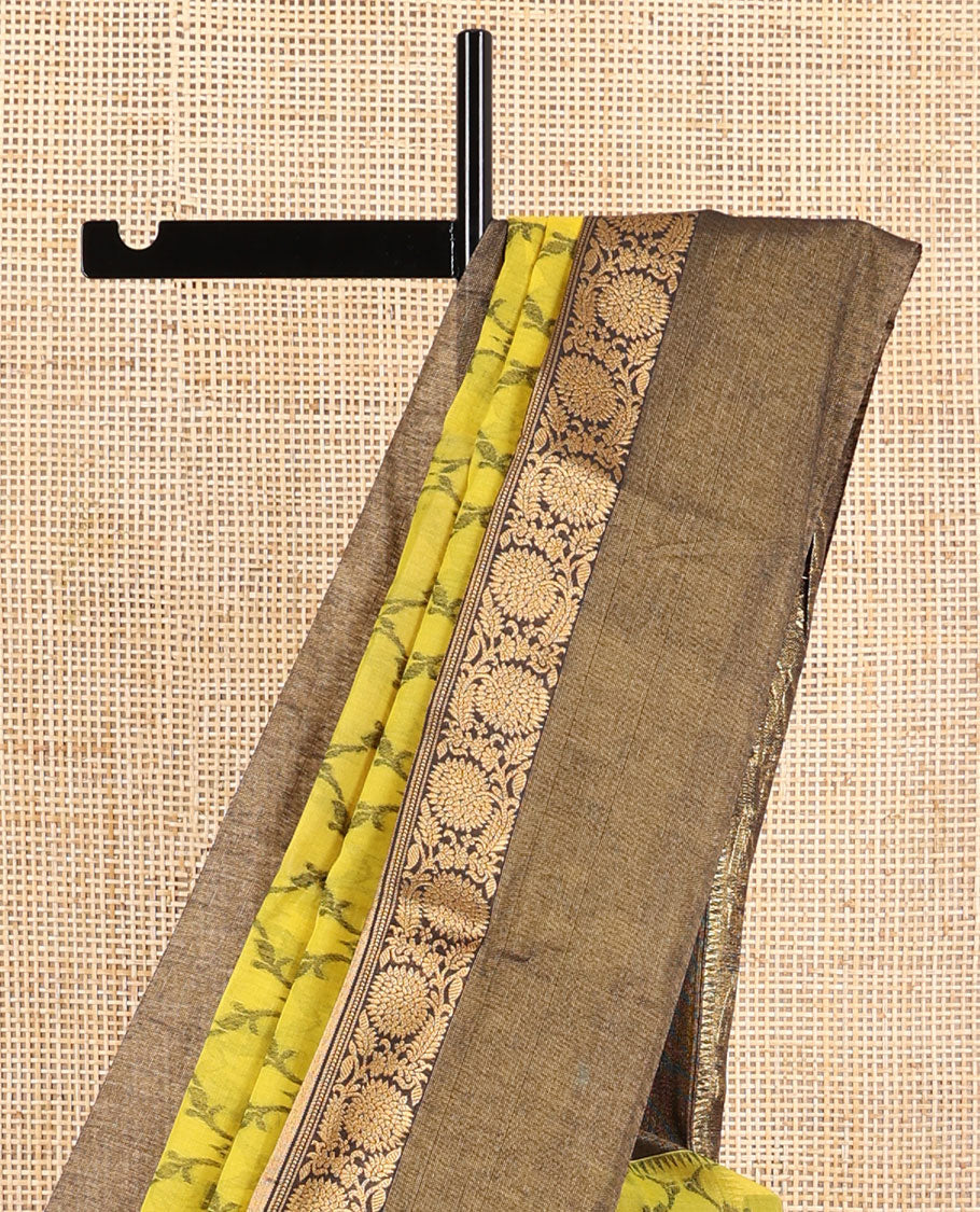 Yellow jaal design silk cotton saree with contrast zari design border & floral design pallu