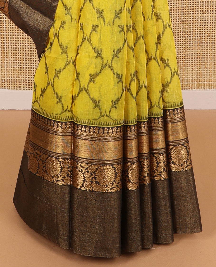 Yellow jaal design silk cotton saree with contrast zari design border & floral design pallu