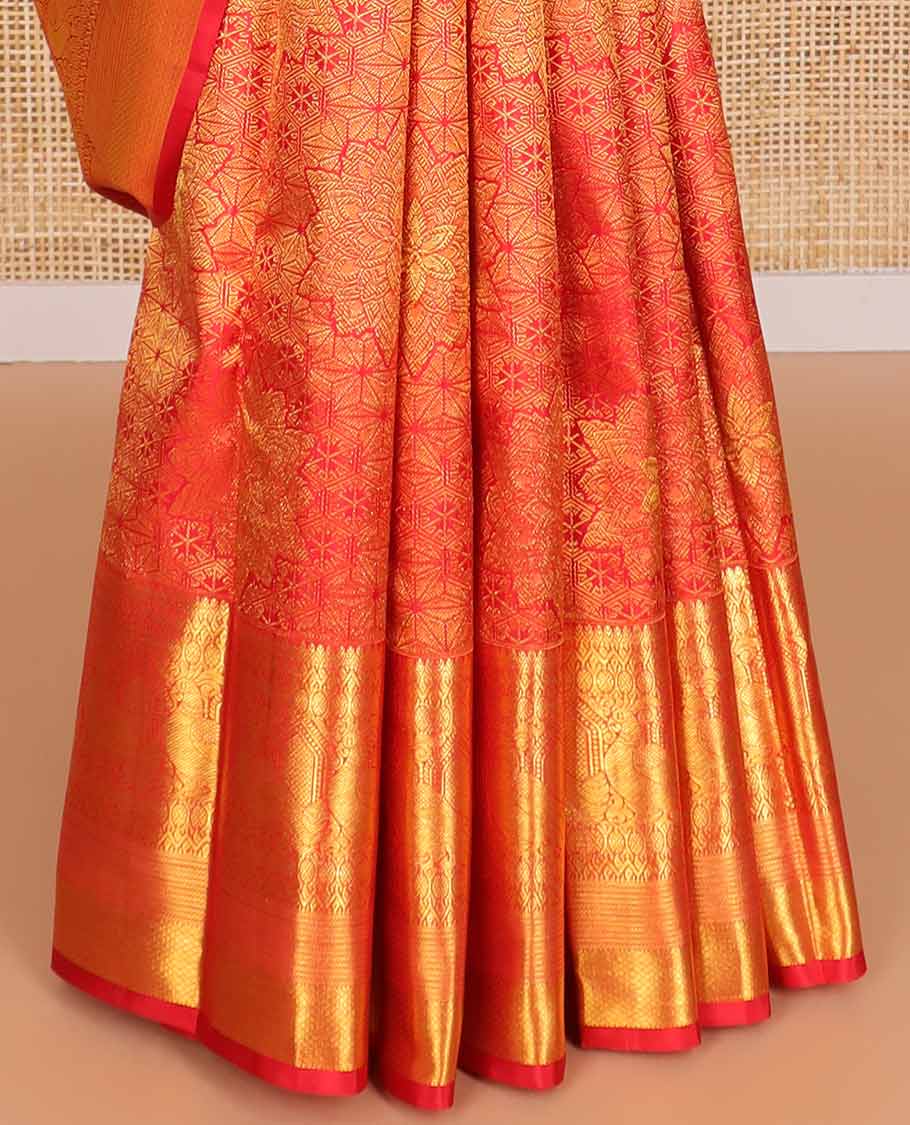 Red floral jacquard silk saree with contrast intricate zari design border & intricate floral design pallu