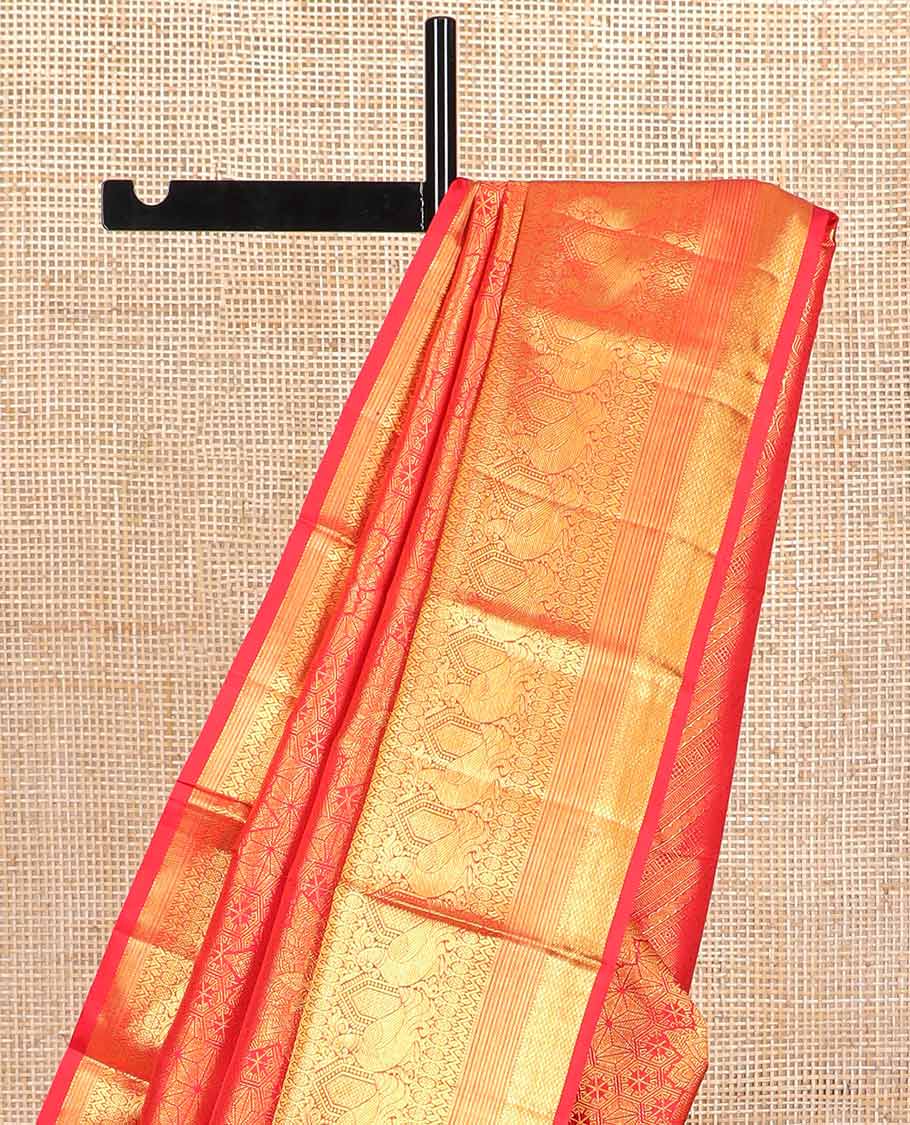 Red floral jacquard silk saree with contrast intricate zari design border & intricate floral design pallu