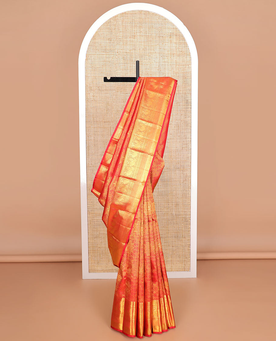 Red floral jacquard silk saree with contrast intricate zari design border & intricate floral design pallu