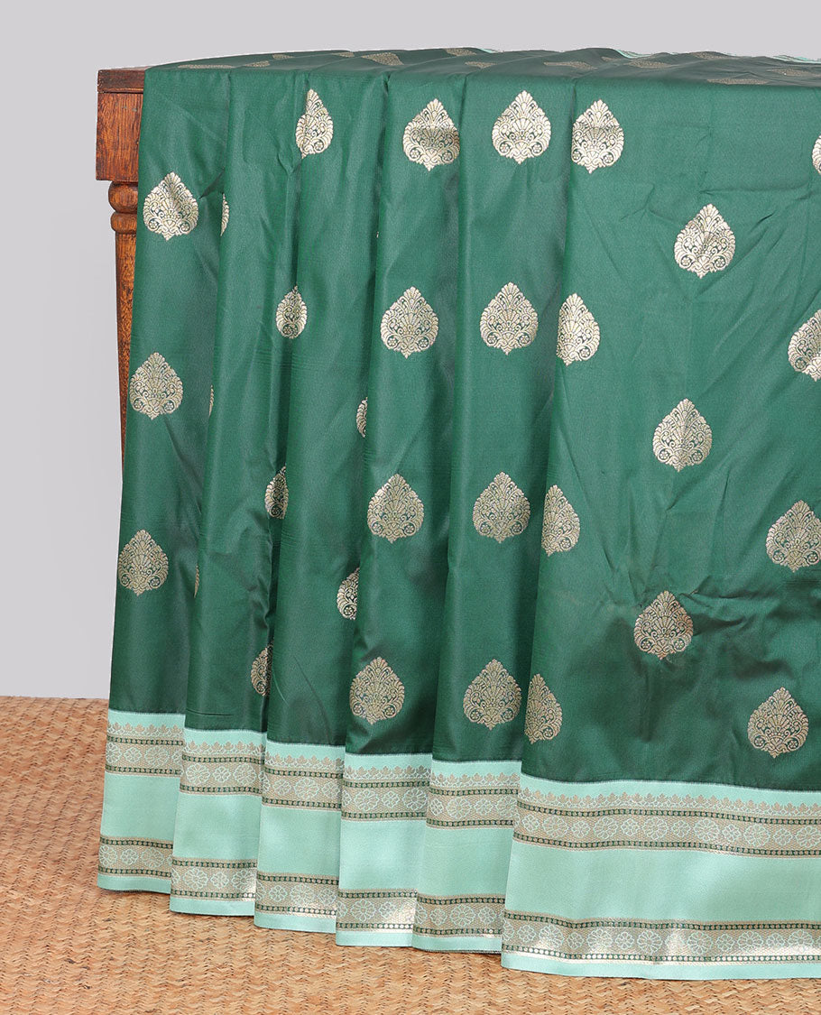 Bottle green leaf buttas semi-soft silk saree with contrast traditional zari designb order & argyle design pallu