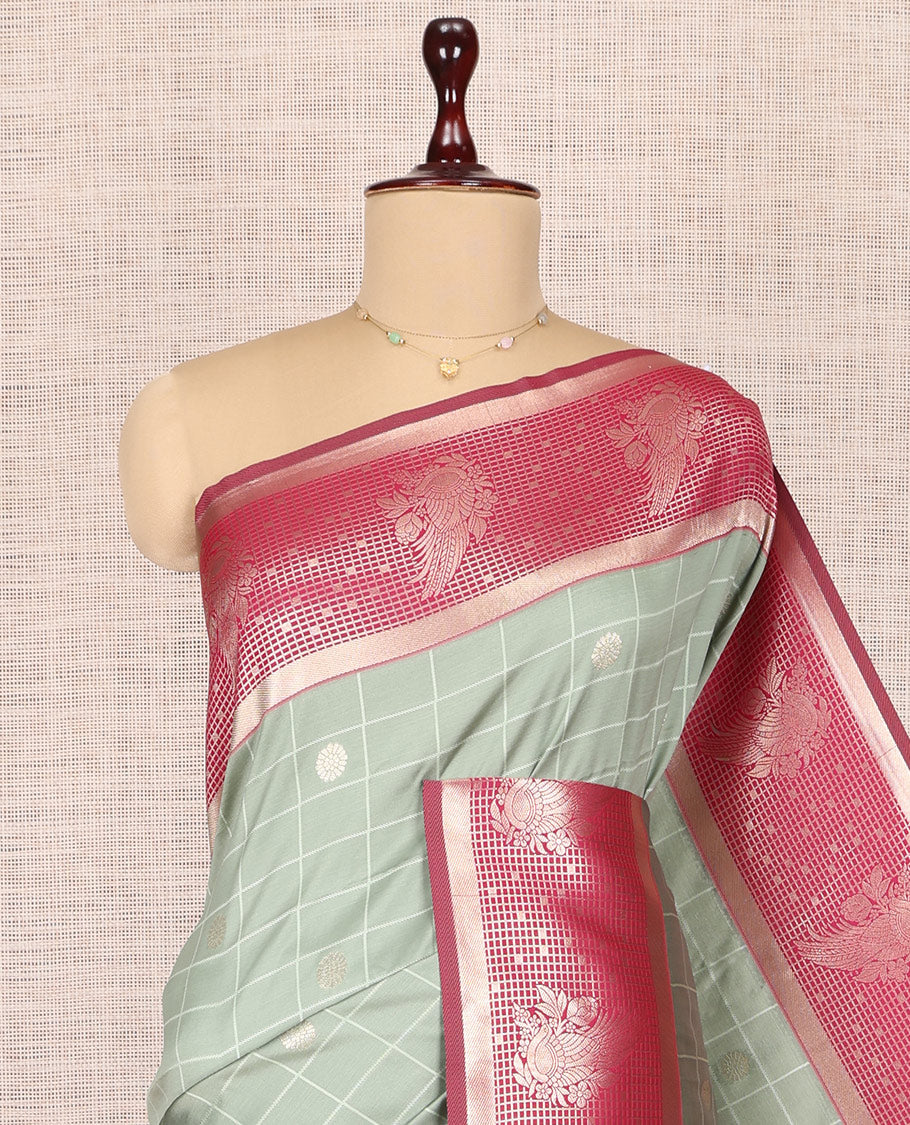 Grey Fancy Soft Silk Saree, Embellished with Zari Butta Enclosed Checks, Complemented by Contrast Zari Border, Grand Pallu, and a Contrast Blouse
