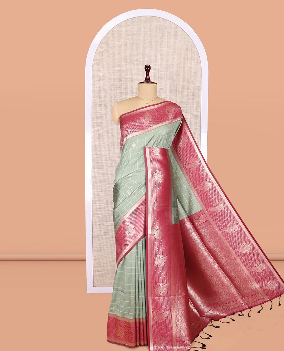 Grey Fancy Soft Silk Saree, Embellished with Zari Butta Enclosed Checks, Complemented by Contrast Zari Border, Grand Pallu, and a Contrast Blouse