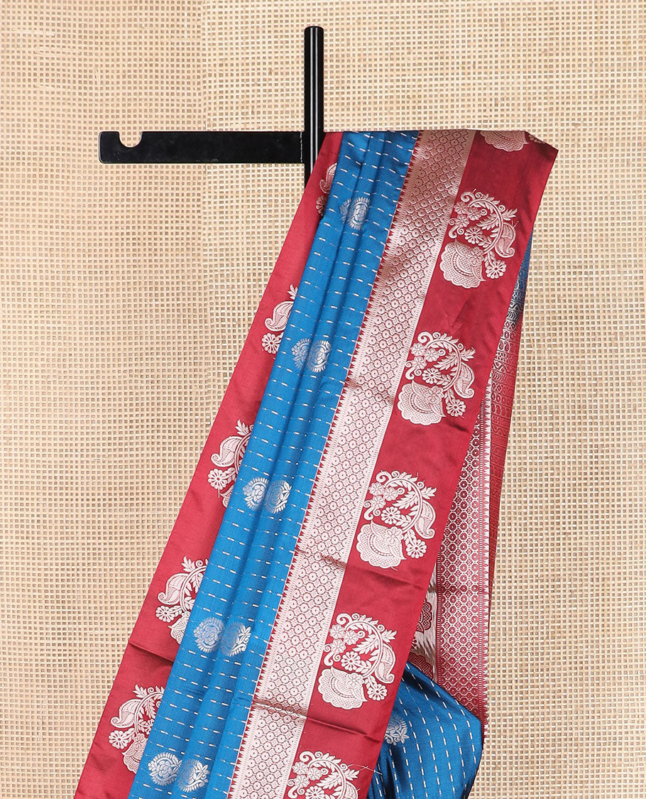 Blue zari buttas soft silk saree, contrast traditional design zari border, and pallu of traditional designs