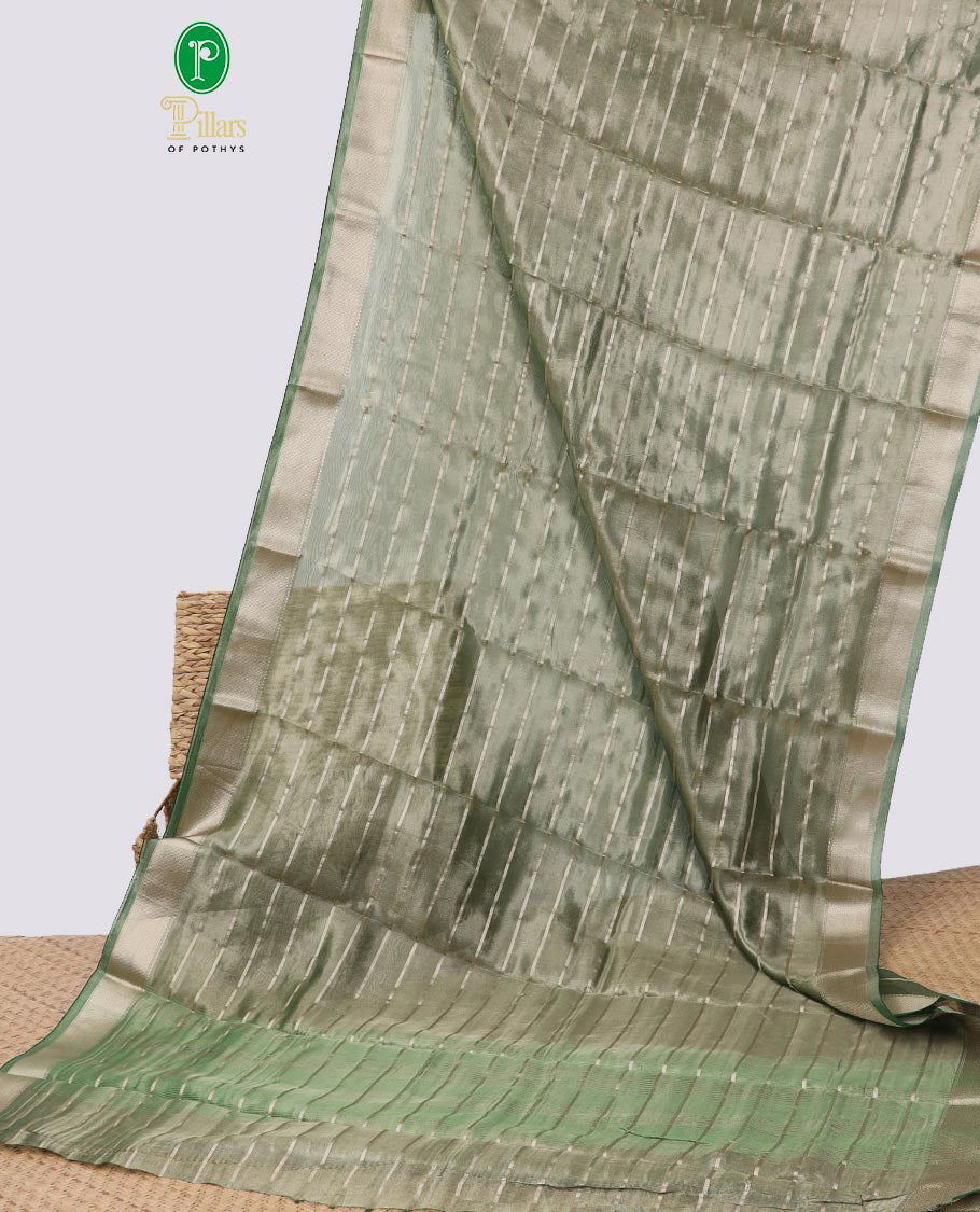 Green striped semi tissue saree with contrast zari border & zari design pallu