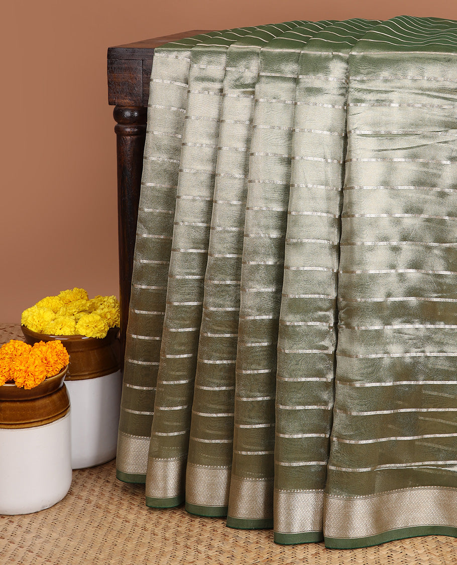 Green striped semi tissue saree with contrast zari border & zari design pallu