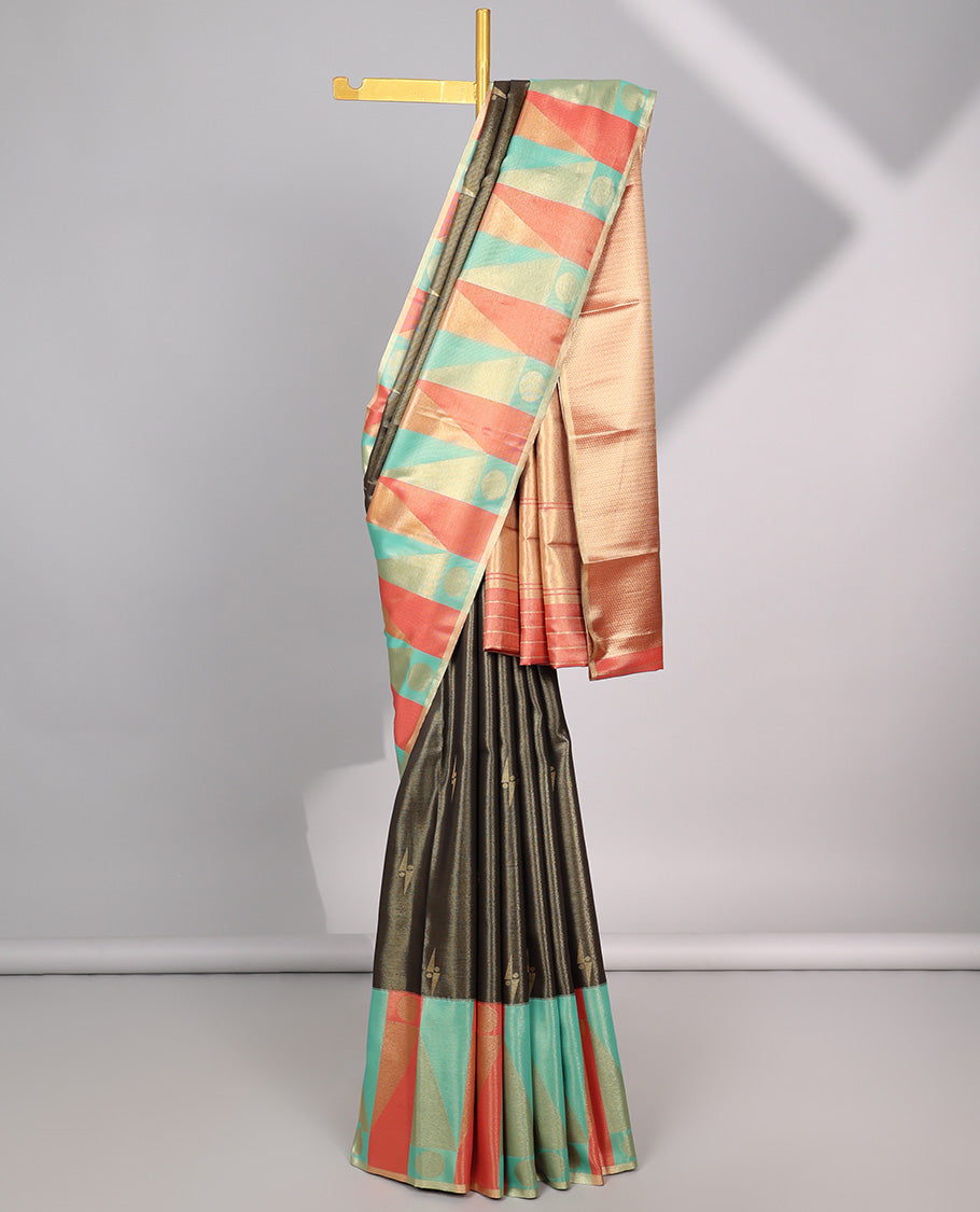 Bottle green geometric motifs semi banaras tissue saree with contrast geometric design border & bhavanji pallu