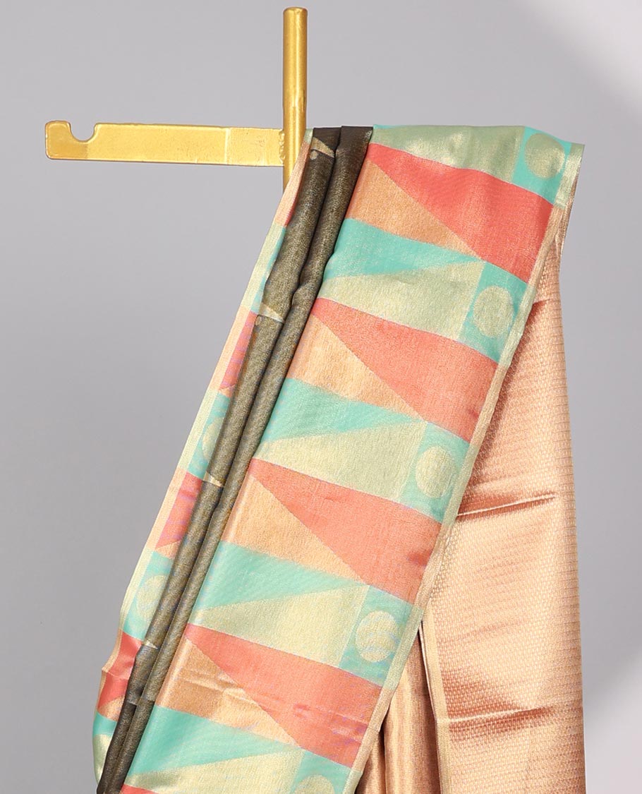 Bottle green geometric motifs semi banaras tissue saree with contrast geometric design border & bhavanji pallu
