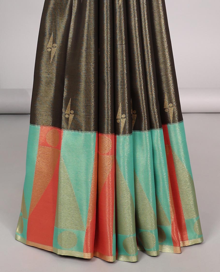Bottle green geometric motifs semi banaras tissue saree with contrast geometric design border & bhavanji pallu