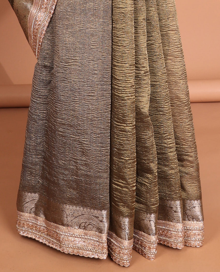 Olive green crush tissue saree with self intricate zari design border & striped pallu