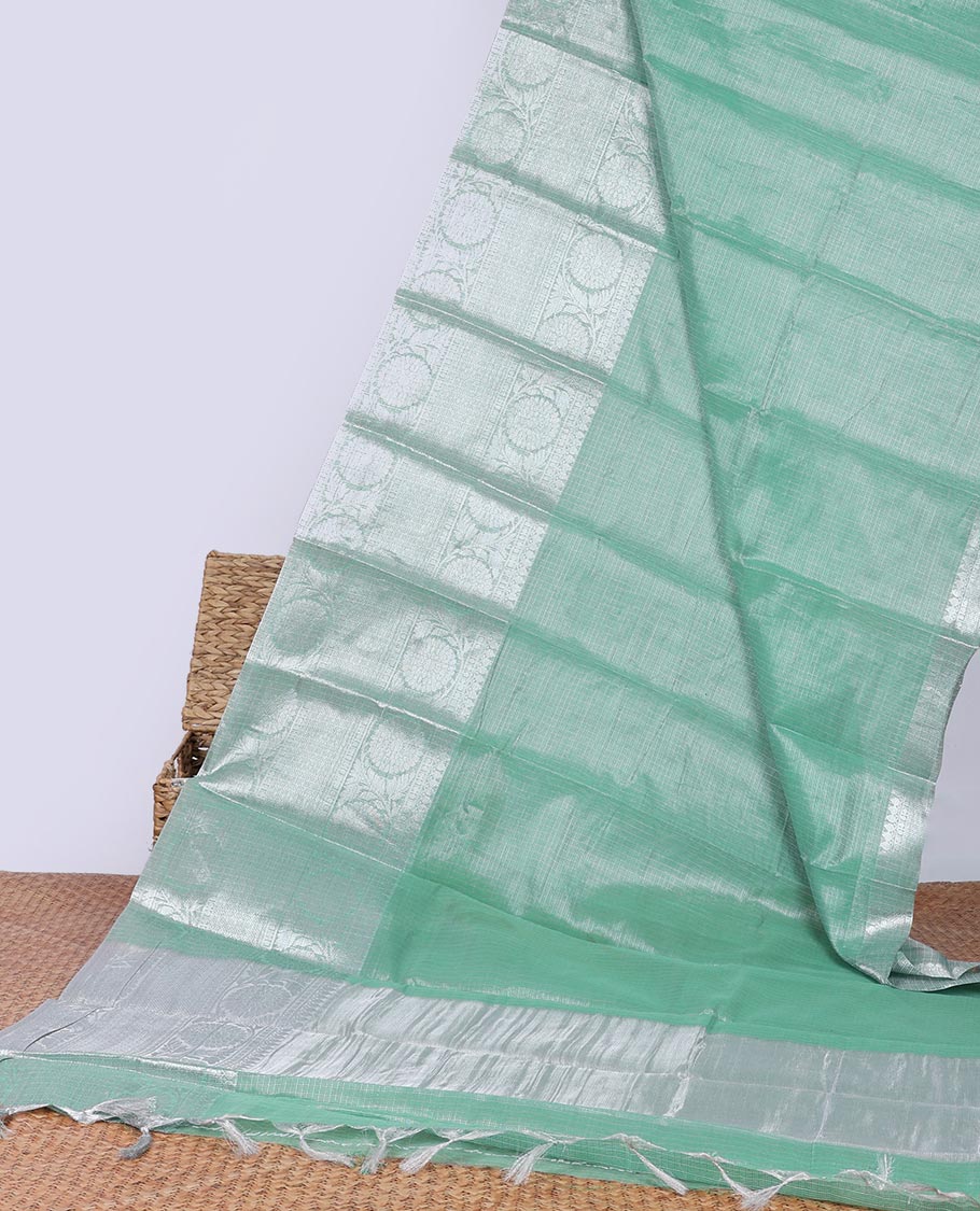 Green semi-banaras tissue saree with self zari border & intricate zari design pallu