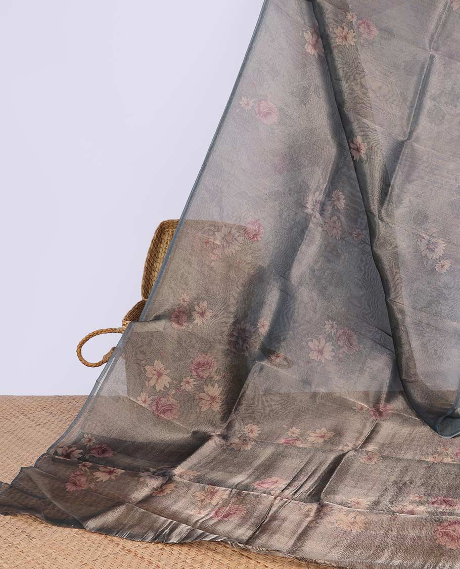 Borderless dark grey all-over floral printed semi - banaras tissue saree
