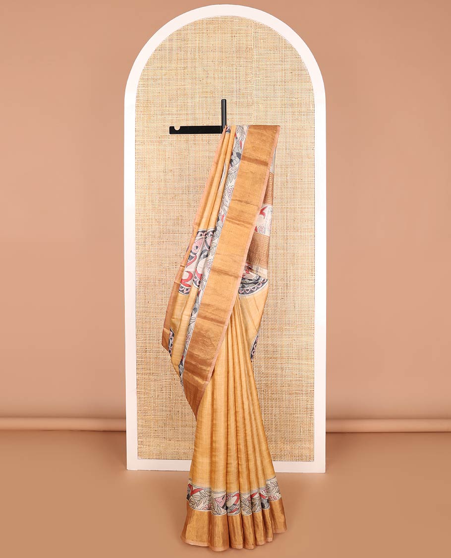 Light brown fish design tussar saree with contrast border & striped, fish design pallu