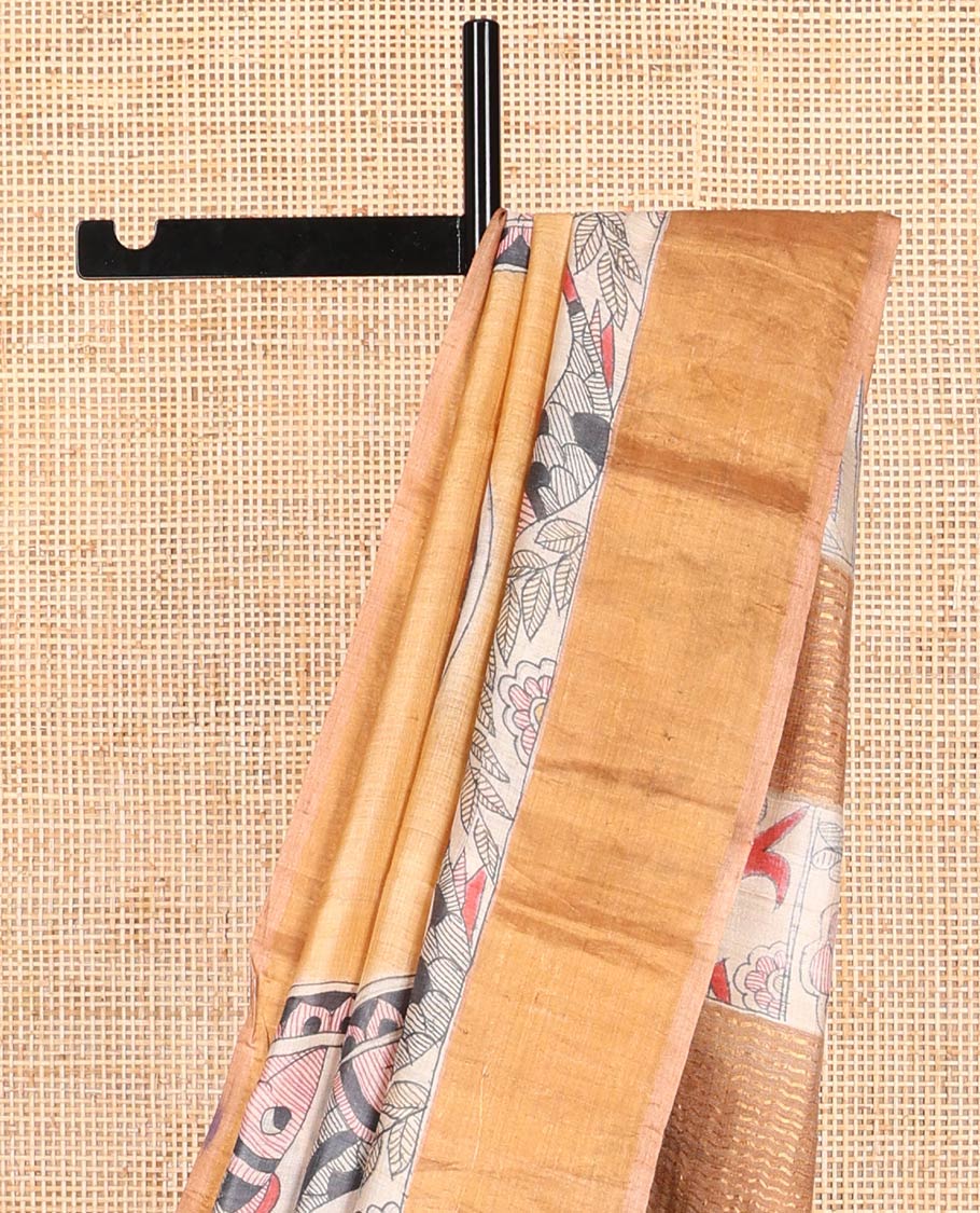 Light brown fish design tussar saree with contrast border & striped, fish design pallu