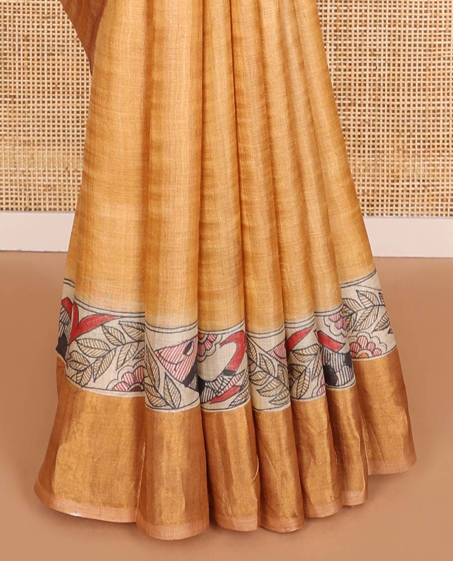Light brown fish design tussar saree with contrast border & striped, fish design pallu