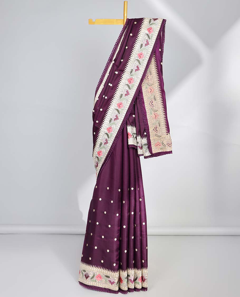 Violet polka dot semi-banaras tussar saree & contrast floral thread embroidered border
