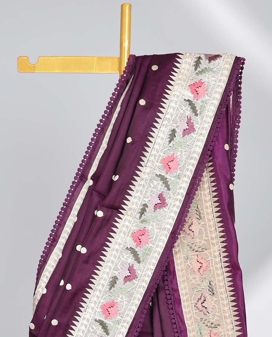 Violet polka dot semi-banaras tussar saree & contrast floral thread embroidered border