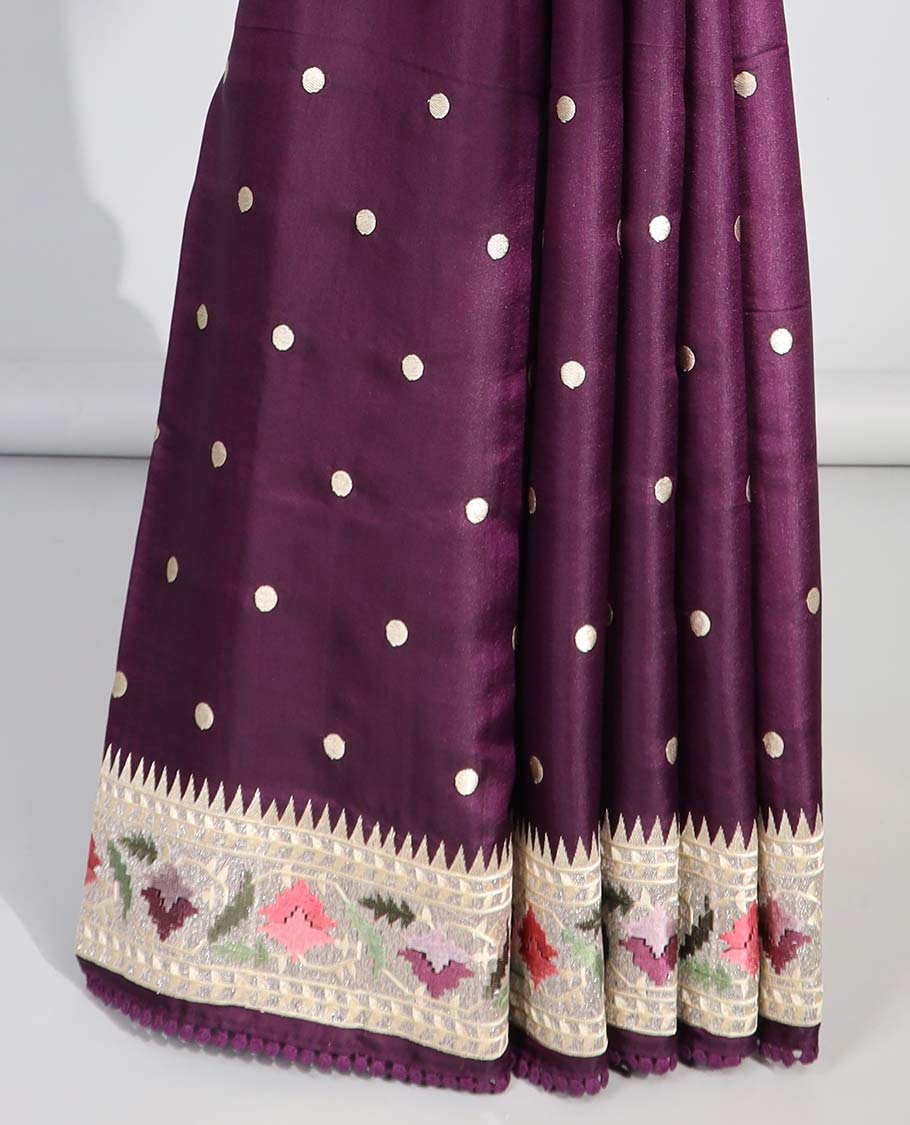 Violet polka dot semi-banaras tussar saree & contrast floral thread embroidered border