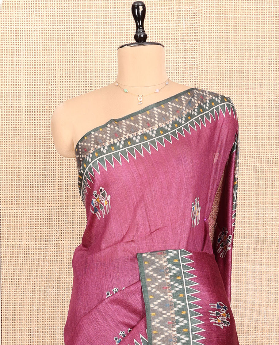 Purple Tussar Silk Saree, Adorned with Warli Motifs, a Contrast Temple Border, Pallu Depicts Warli Motifs, and a Contrast Blouse