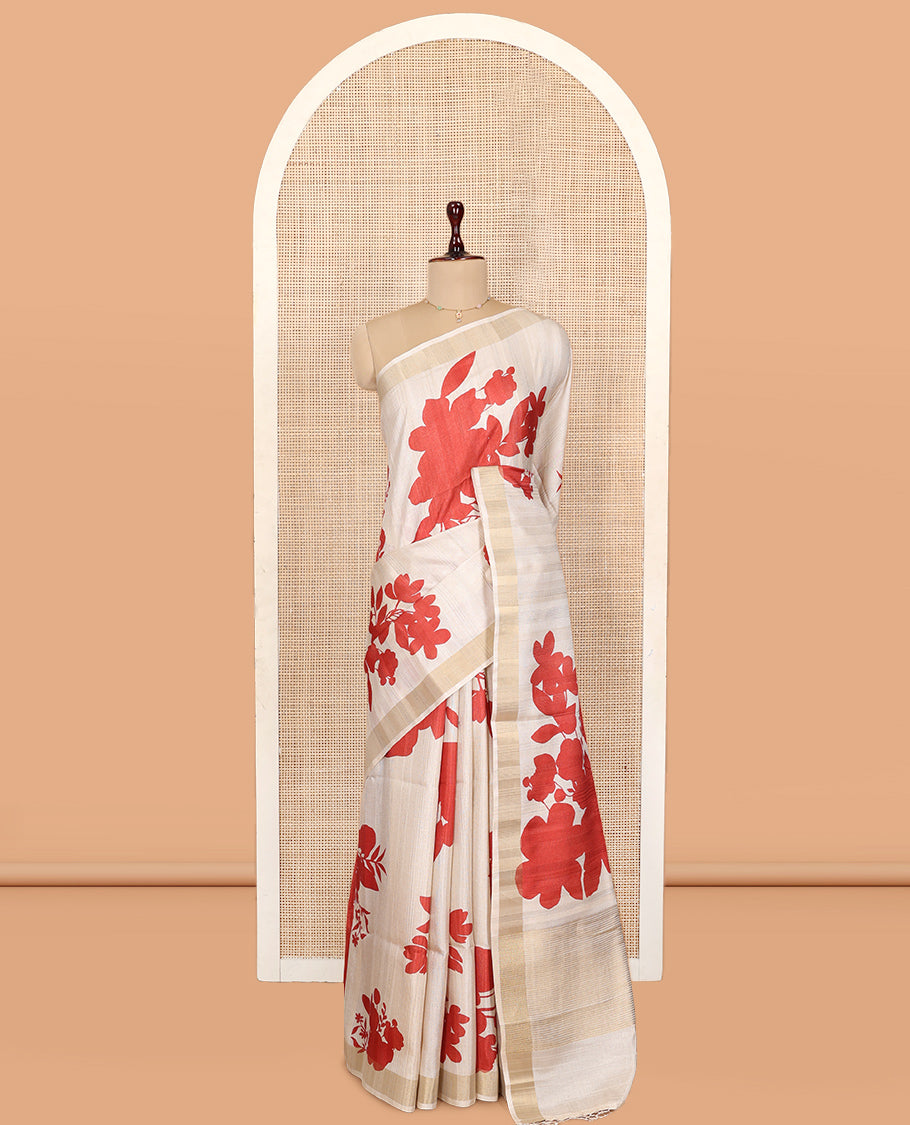 Cream Tussar Silk Saree, Adorned with Floral Silhouette Print, a Zari Border, and a Contrast Printed Blouse
