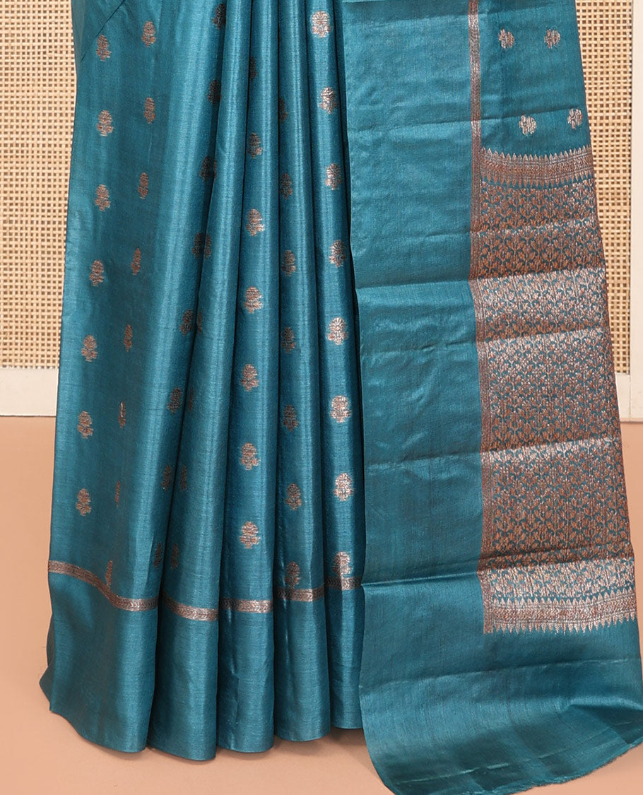 Blue Tussar Silk Saree, Decked Up with Zari Buttas, a Self-Border, Intricate Design Pallu, and a Matching Blouse
