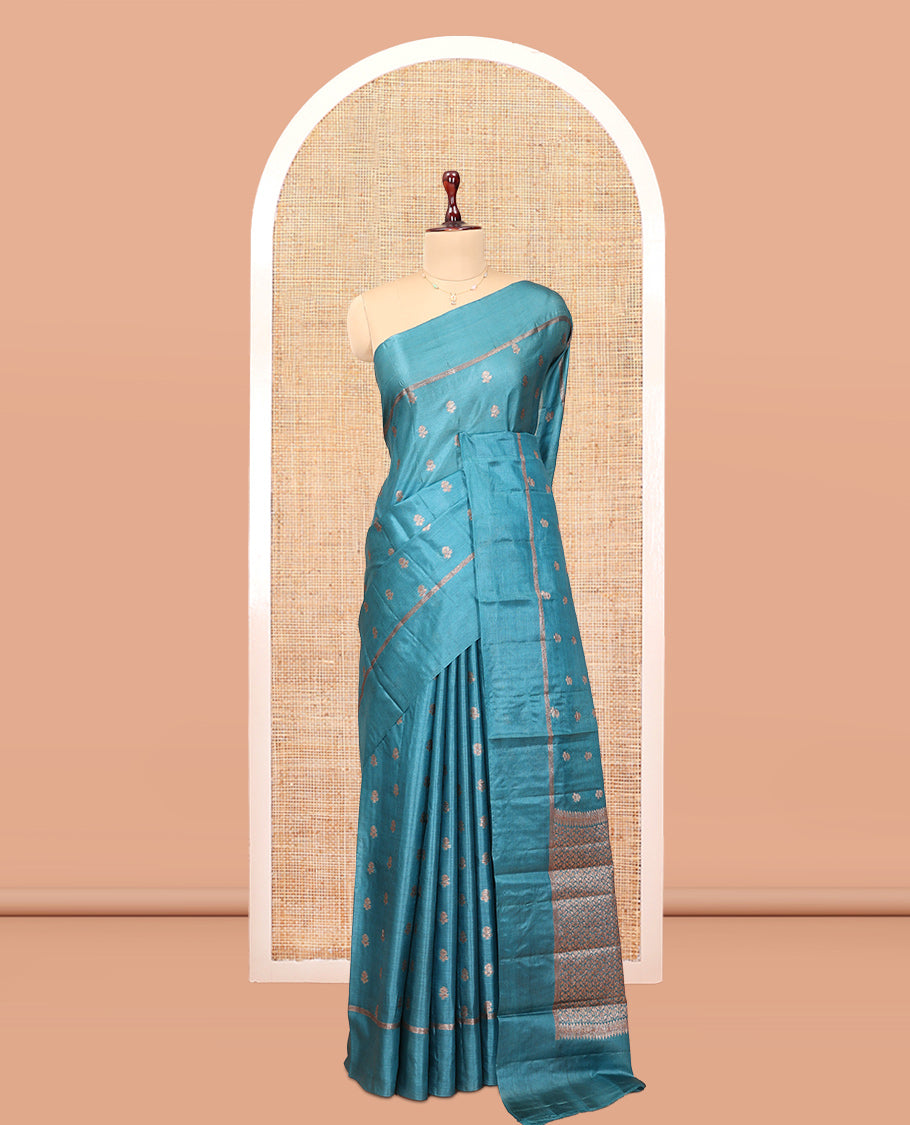 Blue Tussar Silk Saree, Decked Up with Zari Buttas, a Self-Border, Intricate Design Pallu, and a Matching Blouse