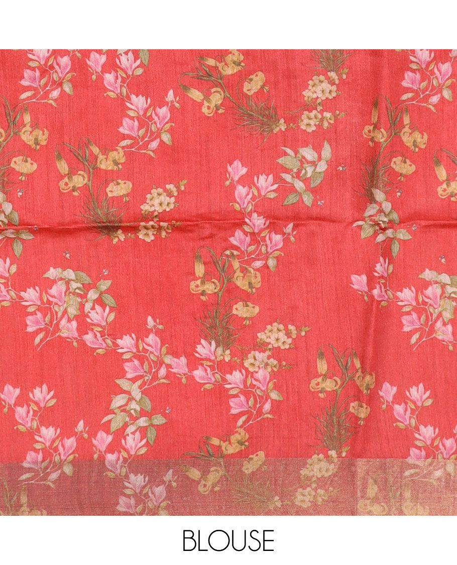 Red floral printed tussar silk saree, zari bavanji border, and embroidered pallu