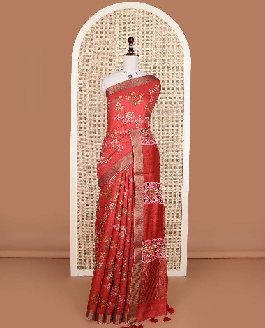 Red floral printed tussar silk saree, zari bavanji border, and embroidered pallu