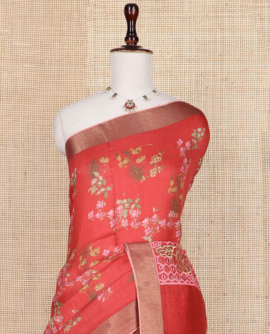 Red floral printed tussar silk saree, zari bavanji border, and embroidered pallu