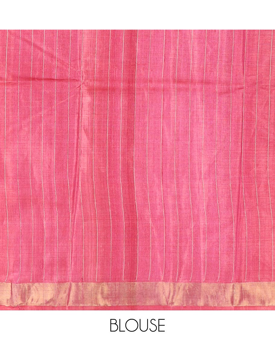 Pink vertical thread striped tussar silk saree, zari border and striped pallu