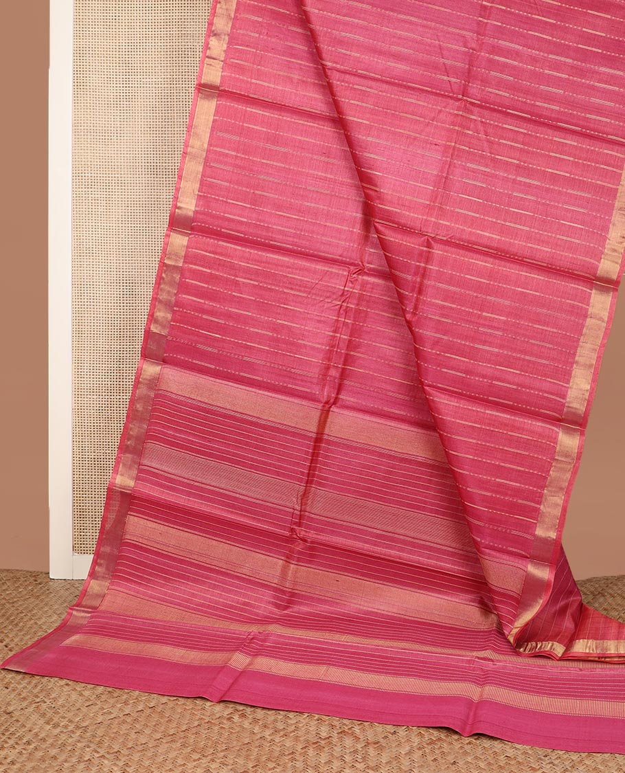 Pink vertical thread striped tussar silk saree, zari border and striped pallu